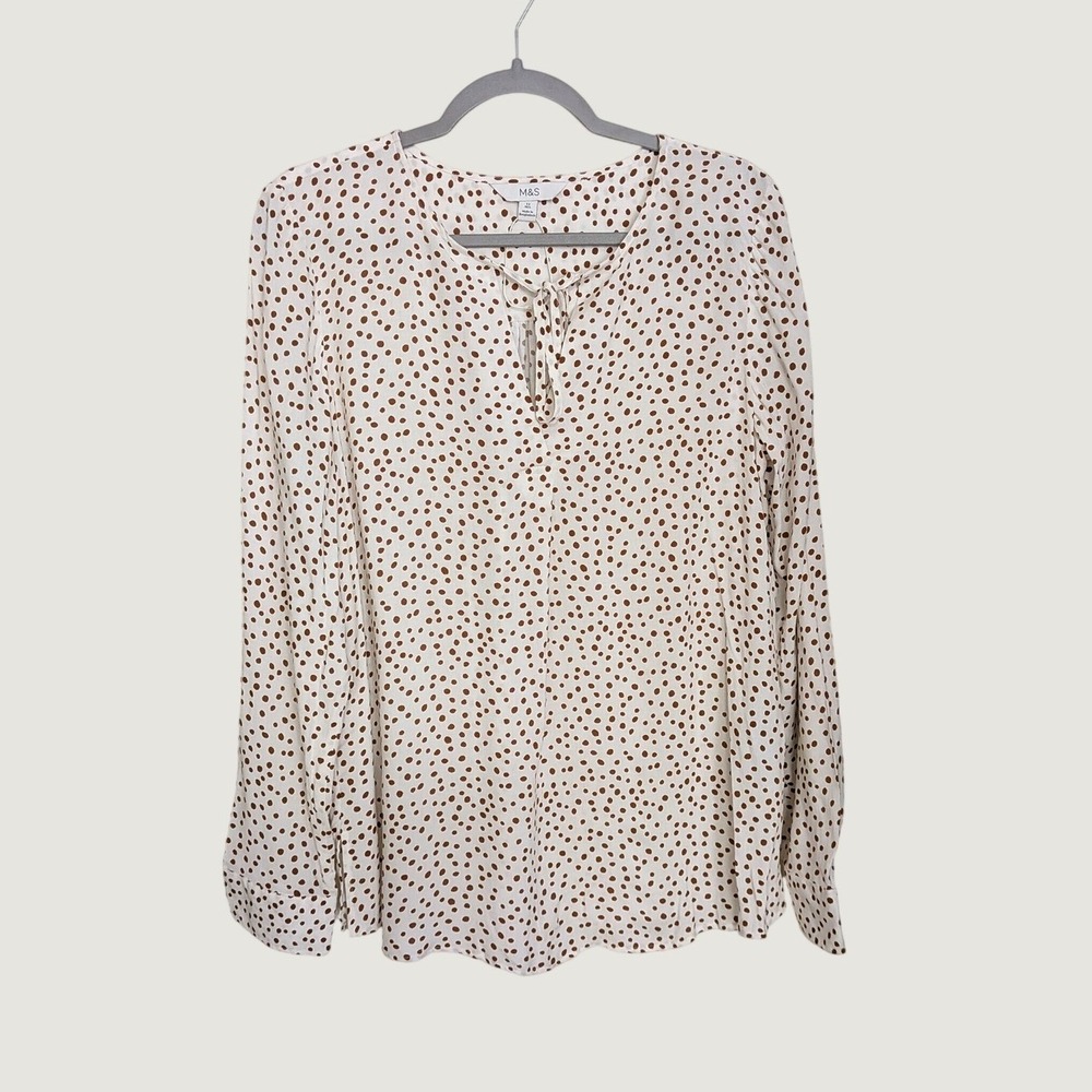 M&S Marks & Spencer Brown‎ Cream Polka Dot Tie Neck Viscose Blouse Top Size 12